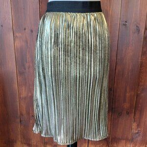 Rue 21 Gold Metallic Pleated Midi Skirt XL Sunray Pleats Elastic Waist NWT Glam